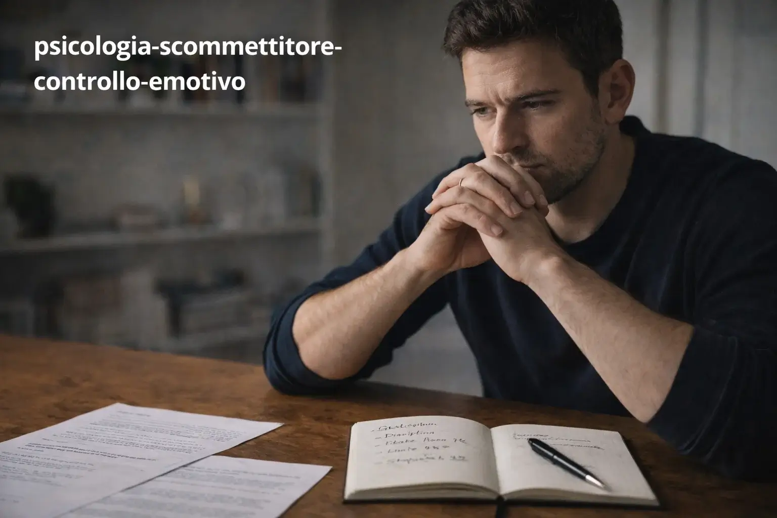 Uomo concentrato che riflette davanti a documenti sulla scrivania