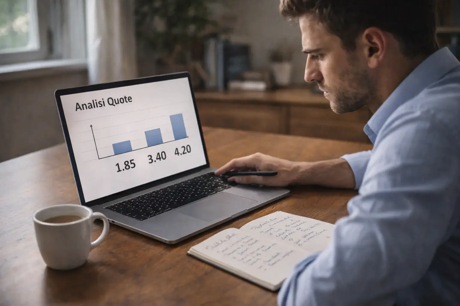 Persona che analizza dati statistici su un laptop con appunti di calcolo